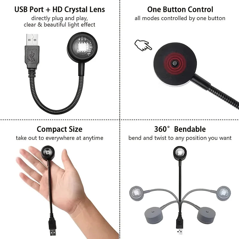 1Pc Colorful LED Sunset Lamp 7 Adjustable Colors USB Plug Play 360° Rotatable Mini Portable Atmosphere Light For Wall Ceiling Pa