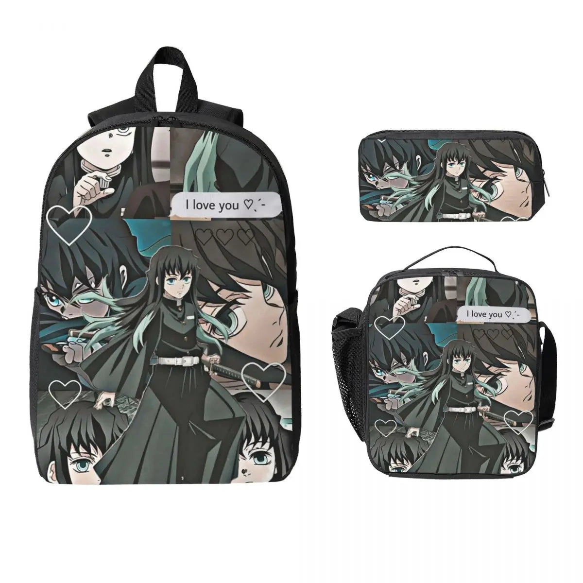 Muichiro Tokito Demon Slayer Backpack Boys Girls BookBag School Bag Laptop Shoulder Bags 3ps Insulated Lunch Bag Pencil Case