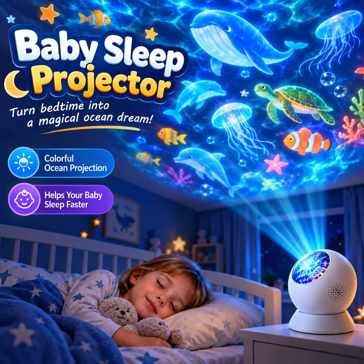 360° Rotating Galaxy Ocean Star Projector Night Light, Dynamic Projection Lamp, LED Ambient Light, Birthday Christmas Gift for K