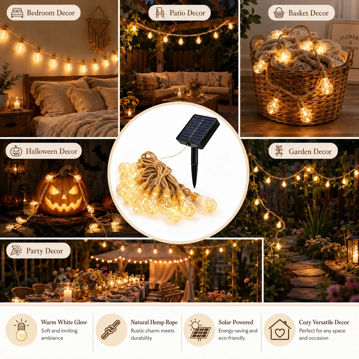 Solar String Lights Hemp Rope Edison Bulb Fairy Lights Solar Powered Warm White for Garden Patio Porch Yard Halloween Decor
