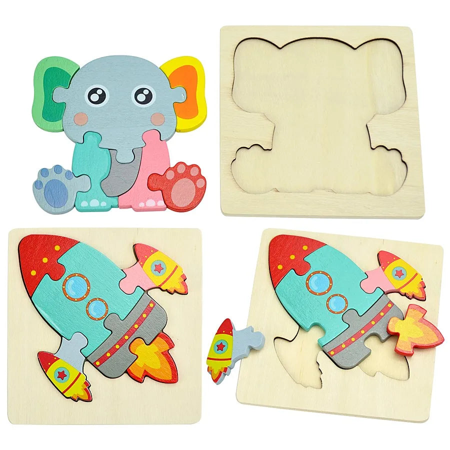 3D Puzzle Montessori Wooden Toys For Cartoon Animal Vehicle Wood Jigsaw Kids Baby Early Educational Learning Puzzles Bricks