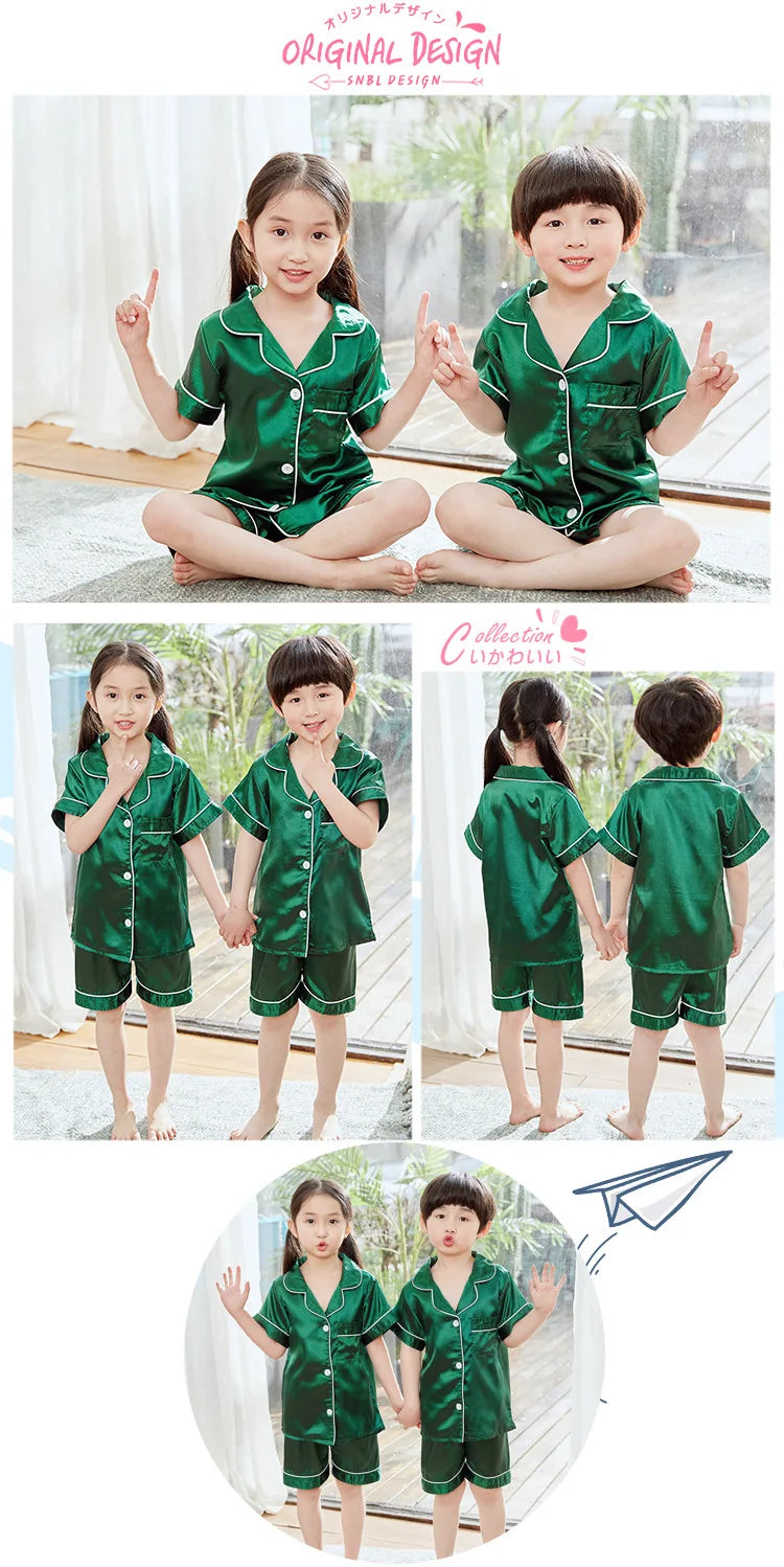 2024 Children Pajamas Sets Satin Silk Boy Pijama Toddler Girl Pyjama Navy Blue Night Clothing Kids Lounge Wear Summer Short Pjs
