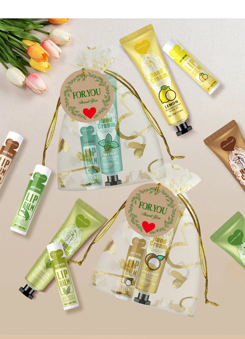 6 Sets/Box Wedding Companion Gift Set, Hand Cream Set Lip Balm Set, Love Thank You Card and Love Gauze Bag, Party Gift Distribut