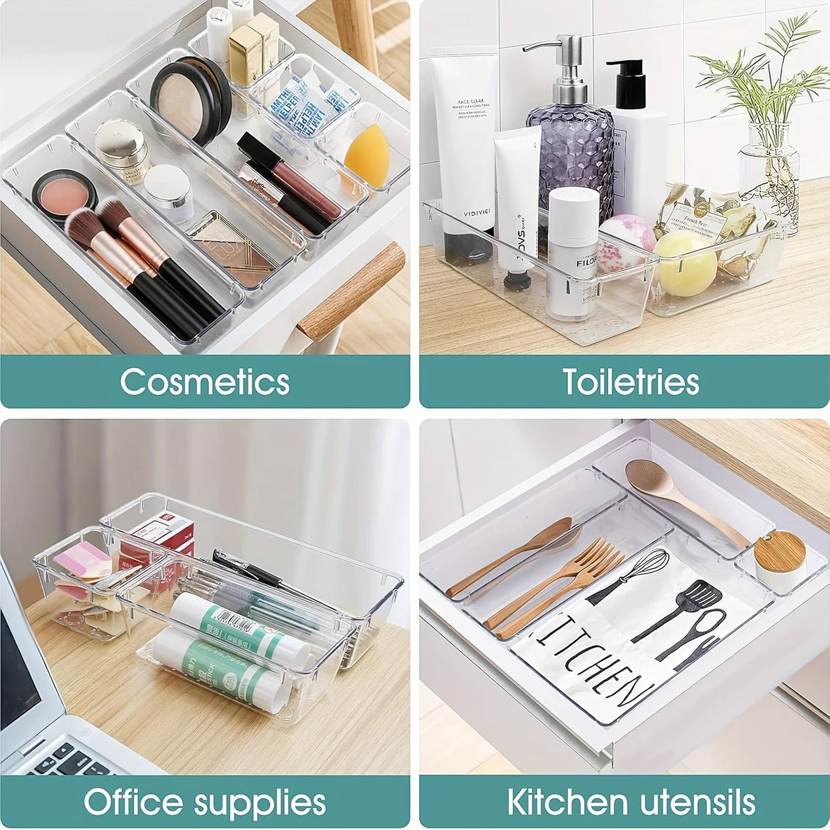 Drawer Organizers Clear Plastic Tub Containers for Bathroom Dressing Table Storage, Home Organization Makeup Kit