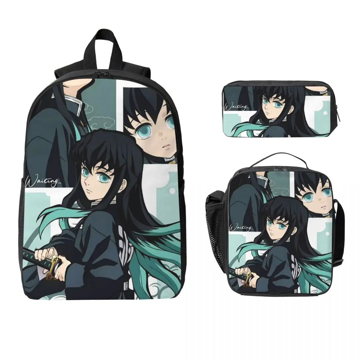 Muichiro Tokito Demon Slayer Backpack Boys Girls BookBag School Bag Laptop Shoulder Bags 3ps Insulated Lunch Bag Pencil Case