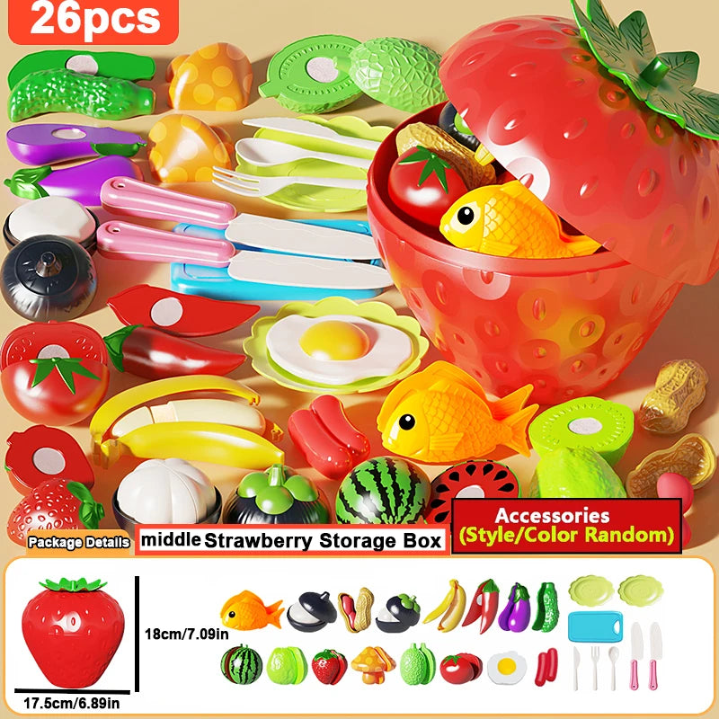 Kids Kitchen Pretend Toys Cutting Play Food Toy for Fruit Vegetables with Storage Box Early Educational Toy for Boys Girls Gifts