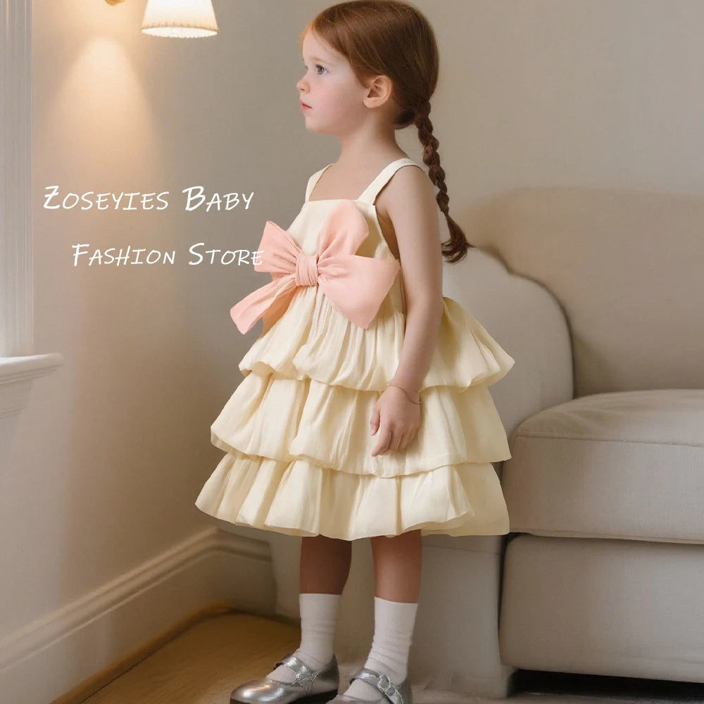 Girls Dresses Summer Bow Multi-Layer Mesh Halter Baby Girl Dresses Cute Birthday Party Dresses Baby Dresses Baby Girl Clothing