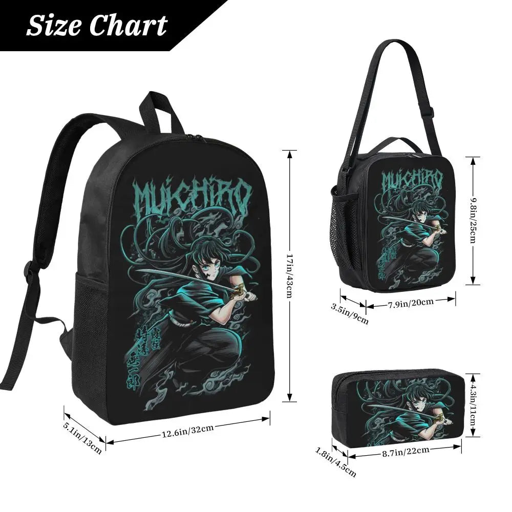 Muichiro Tokito Demon Slayer Backpack Boys Girls BookBag School Bag Laptop Shoulder Bags 3ps Insulated Lunch Bag Pencil Case