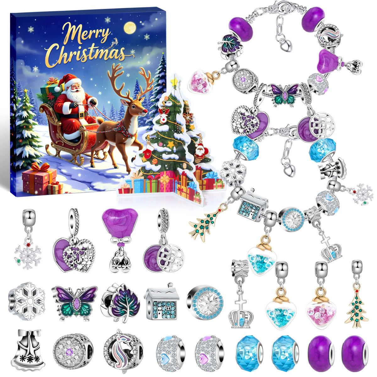 Christmas Advent Calendar 24 Grids Alloy Charm Bracelet Set Holiday Countdown Jewelry Beads Christmas New Year Surprise Gift Box