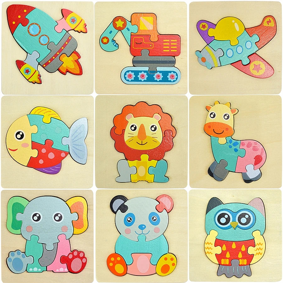3D Puzzle Montessori Wooden Toys For Cartoon Animal Vehicle Wood Jigsaw Kids Baby Early Educational Learning Puzzles Bricks