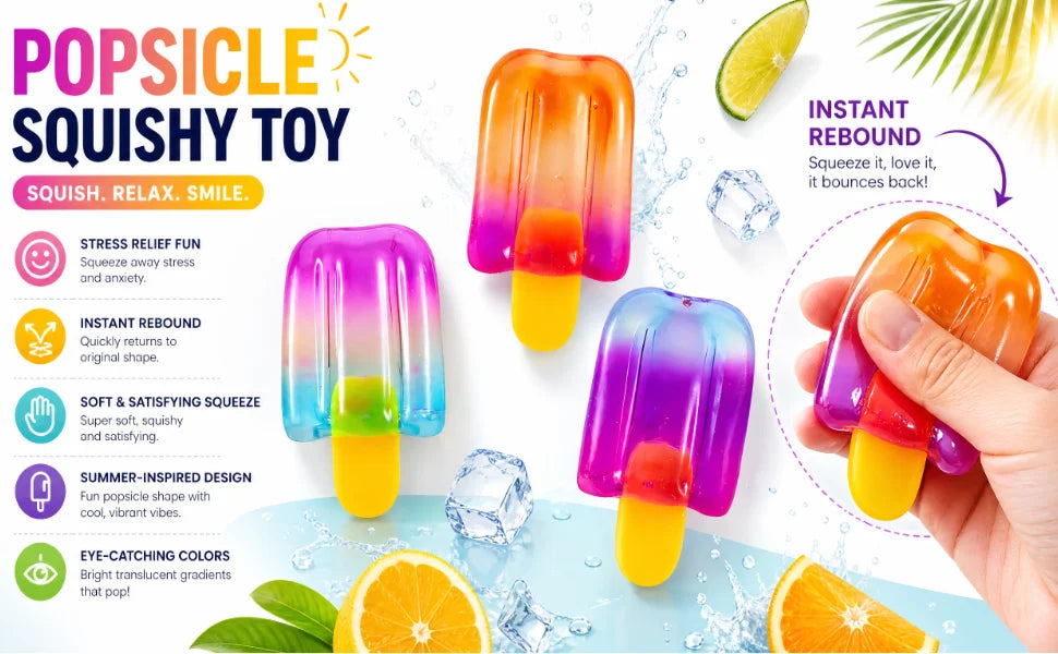 Ice Cream Squishy Toy, Summer Stress Relief Squeeze Toy, Sensory Fidget Squishy, Popsicle Anxiety Relief Toy, Party Favor Gift