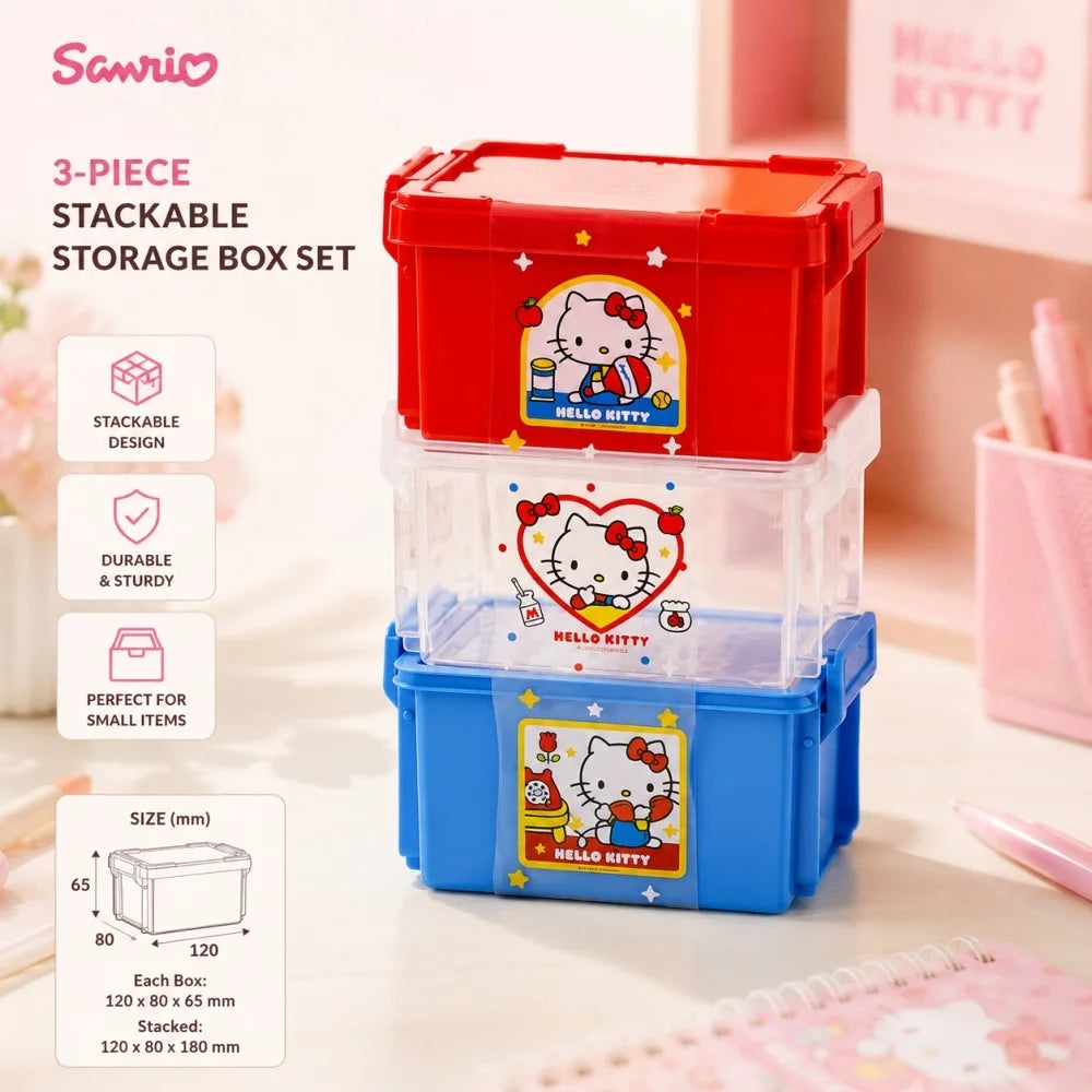 Genuine Sanrio Hello Kitty 3 Color Stackable Storage Box Cute Desk Organizer for Stationery Cosmetics Office School Gifts