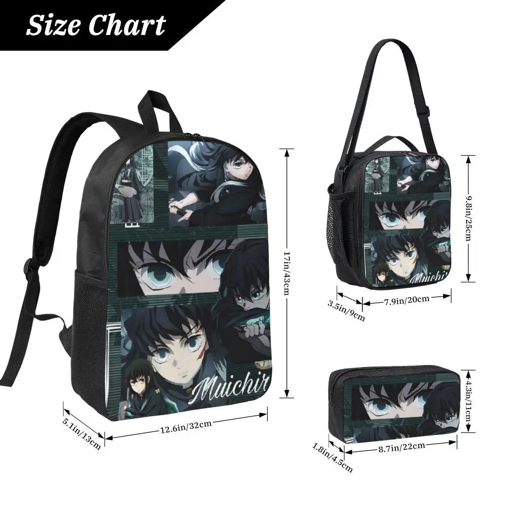 Muichiro Tokito Demon Slayer Backpack Boys Girls BookBag School Bag Laptop Shoulder Bags 3ps Insulated Lunch Bag Pencil Case
