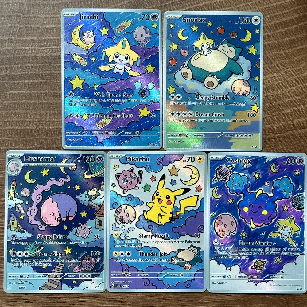 5Pcs TCG Collection Cards Jirachi Snorlax Cosmog Musharna Starry Dreamscape Roaming Style Collection 5Pcs Game Cards Gift