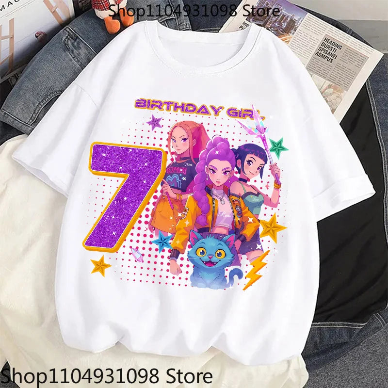 Cute Hunter Theme Girls T-Shirt Kids Music Fan Cartoon Print Birthday Tee Summer Casual Top Kawaii Gift for Kids Clothing