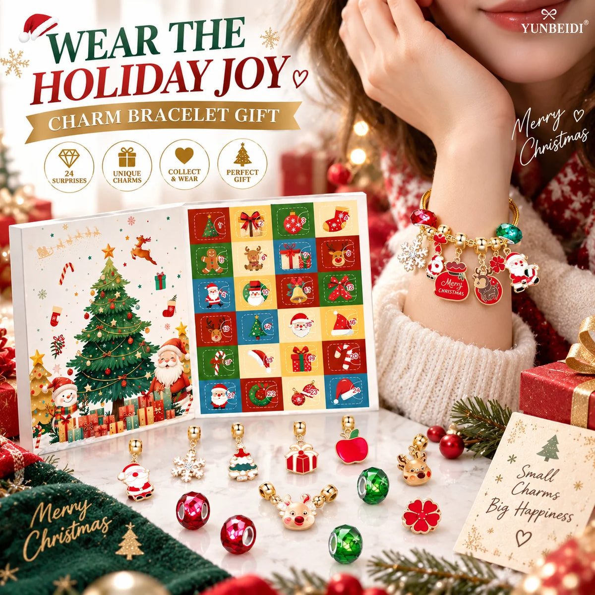 Christmas Advent Calendar 24 Grids Alloy Charm Bracelet Set Holiday Countdown Jewelry Beads Christmas New Year Surprise Gift Box