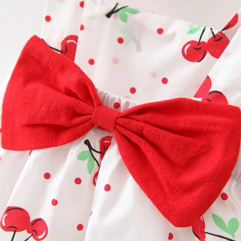 Baby Girl Dress Summer Cotton Bow Cherry Polka Dot Suspender Girls Dresses Cute Casual Beach Baby Girl Clothing