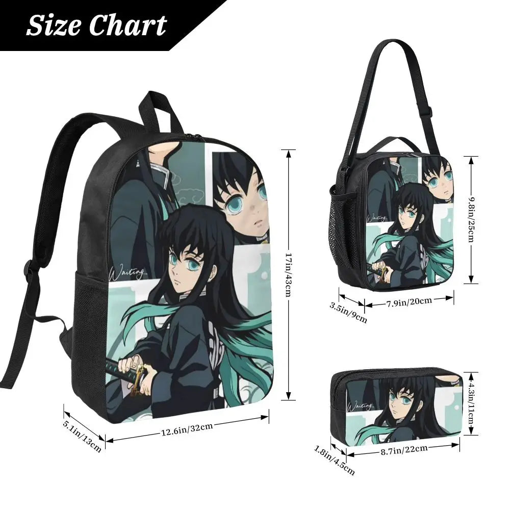 Muichiro Tokito Demon Slayer Backpack Boys Girls BookBag School Bag Laptop Shoulder Bags 3ps Insulated Lunch Bag Pencil Case