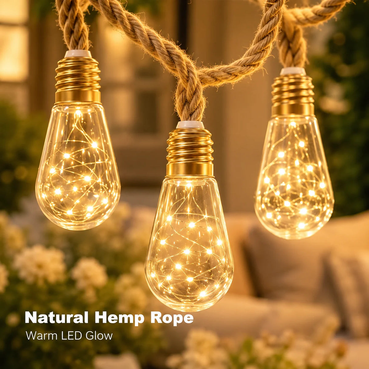 Solar String Lights Hemp Rope Edison Bulb Fairy Lights Solar Powered Warm White for Garden Patio Porch Yard Halloween Decor