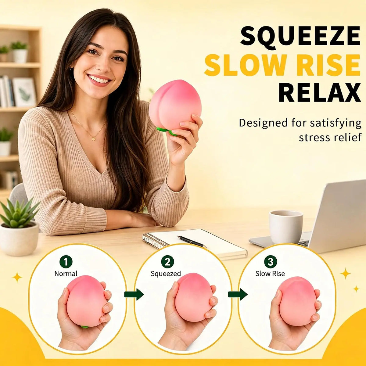 Peach Squishy, Jumbo Squeezy Fruit Stress Ball, Slow Rise Squishies, Soft Desk Decor (6 inch Peach)