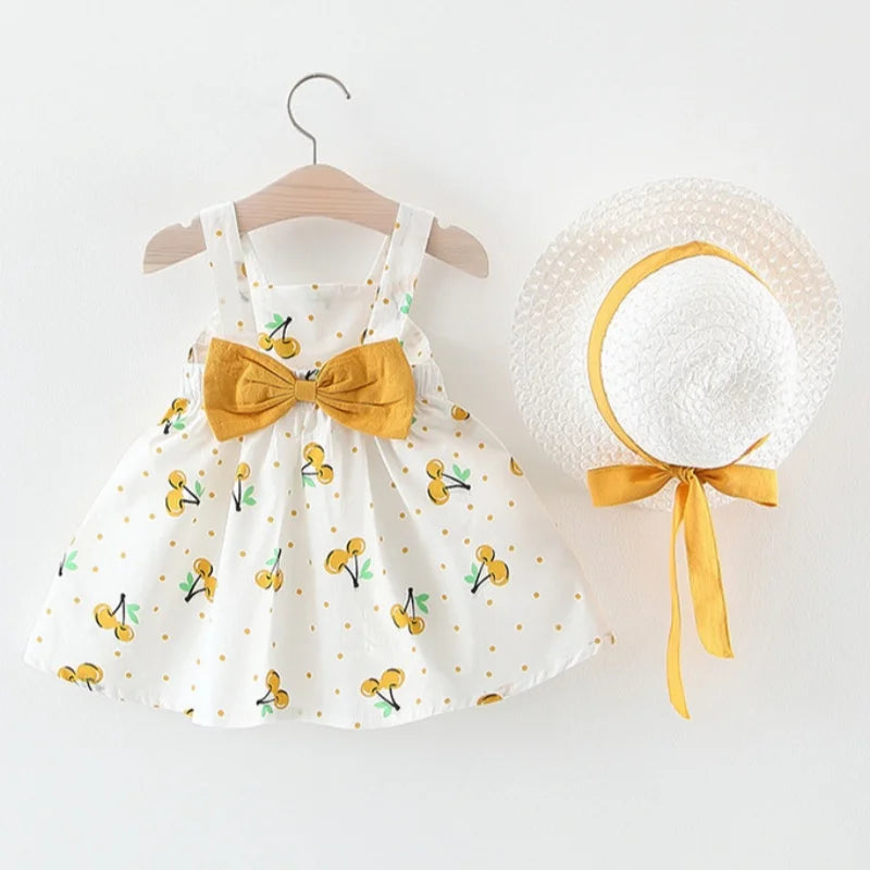 Baby Girl Dress Summer Cotton Bow Cherry Polka Dot Suspender Girls Dresses Cute Casual Beach Baby Girl Clothing