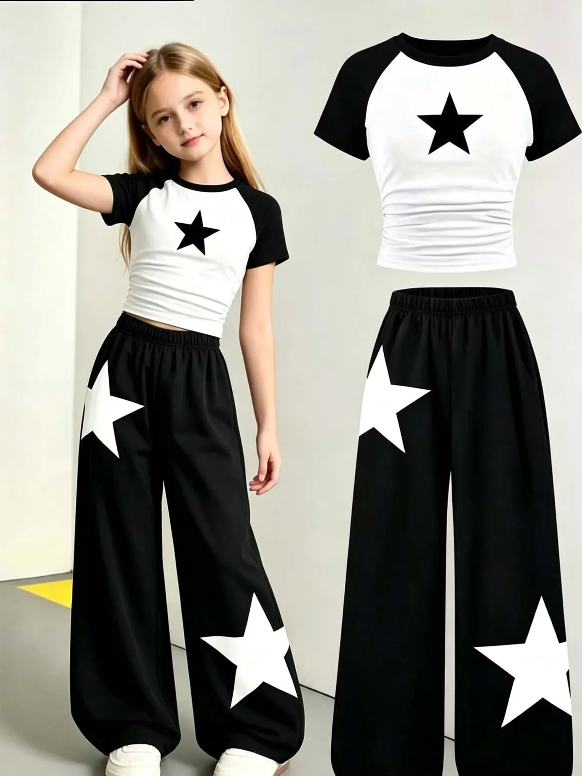 Girls' Summer and Autumn Casual Outfit: Girls' Fitted Top T-Shirt + Wide-Leg Long Pants Two-Piece Set, Children's Star Print Set Suitable for 8-12 Year Old Kids, Versatile Clothing for Home and Outings