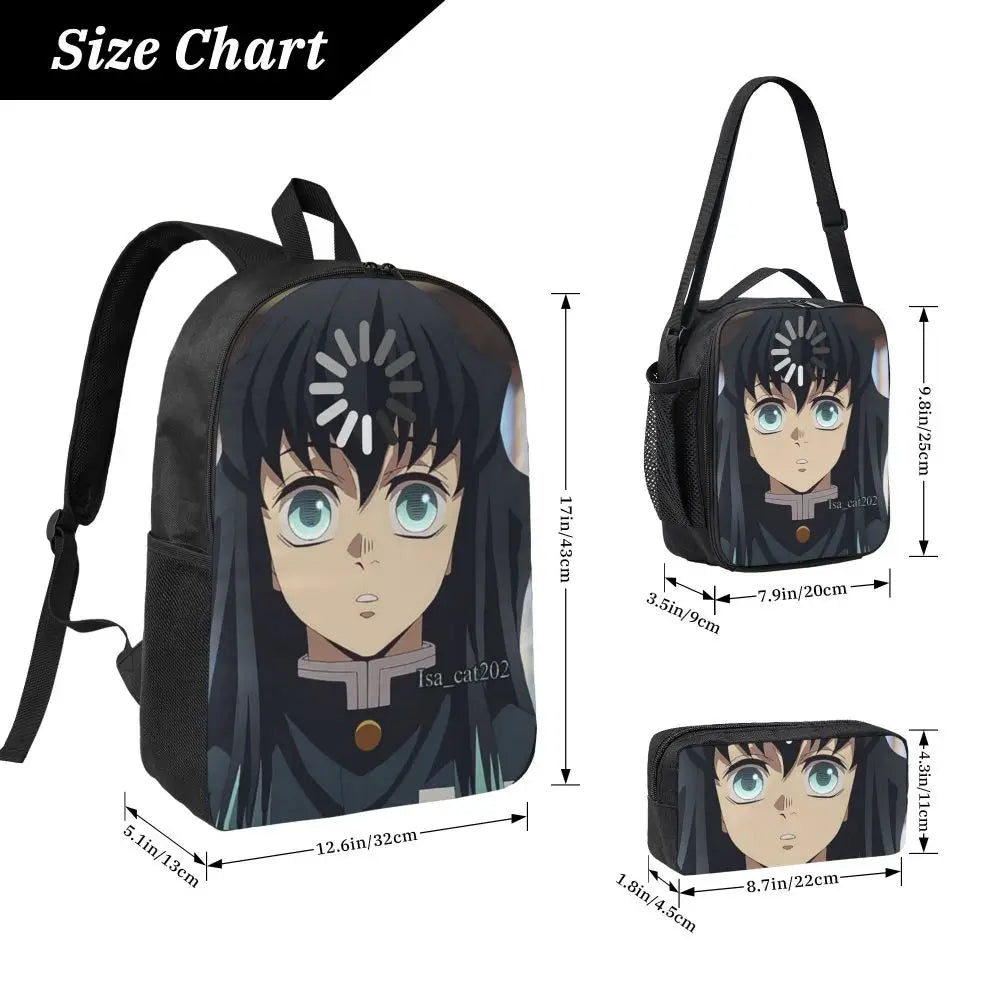 Muichiro Tokito Demon Slayer Backpack Boys Girls BookBag School Bag Laptop Shoulder Bags 3ps Insulated Lunch Bag Pencil Case