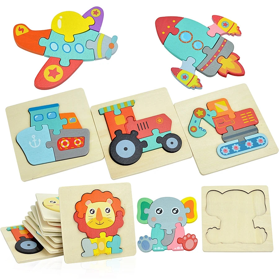 3D Puzzle Montessori Wooden Toys For Cartoon Animal Vehicle Wood Jigsaw Kids Baby Early Educational Learning Puzzles Bricks