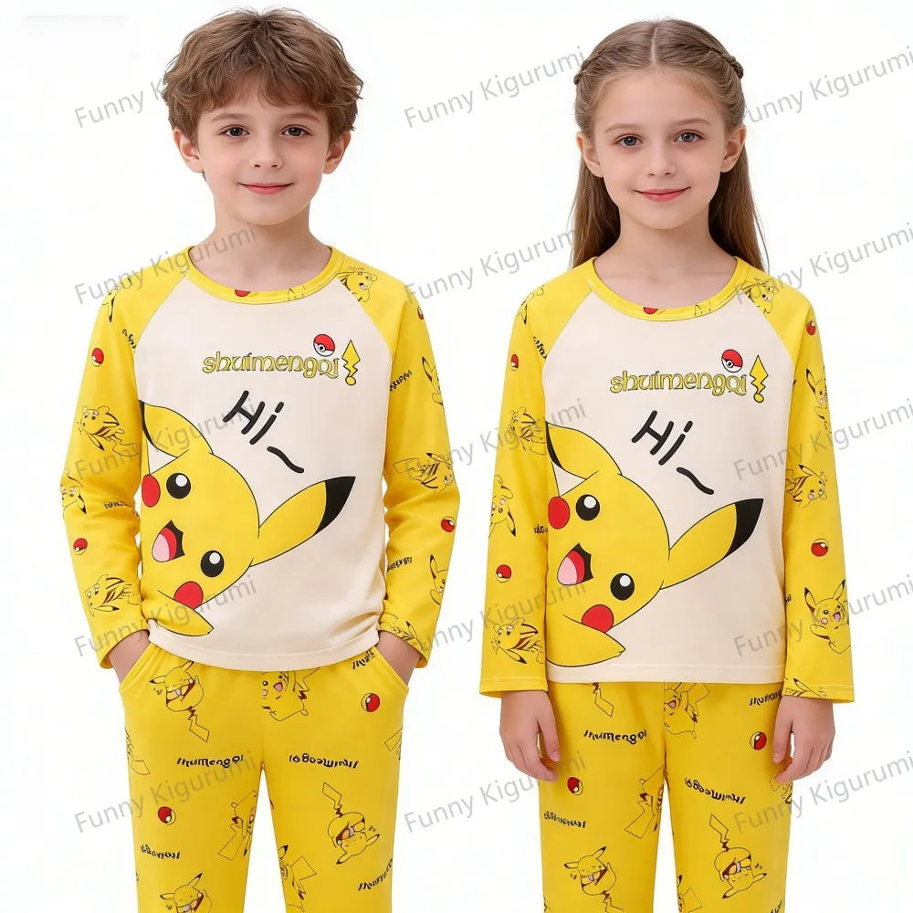 New Spring Children's Clothing Sets Pikachu Boy Sleepwear Long Sleeved 2Pcs Top+Pants Clothes Kids Pajamas Baby Girls Pyjamas