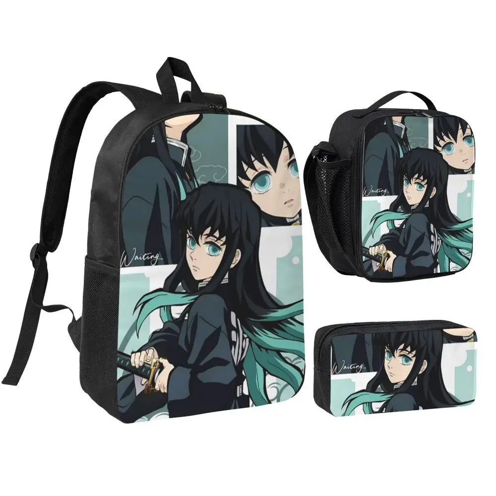 Muichiro Tokito Demon Slayer Backpack Boys Girls BookBag School Bag Laptop Shoulder Bags 3ps Insulated Lunch Bag Pencil Case