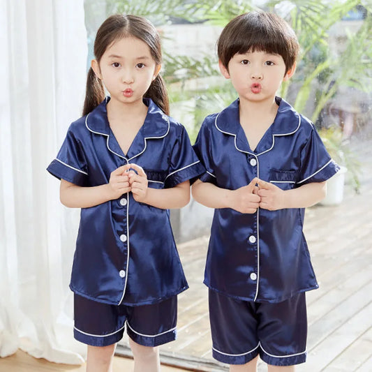 2024 Children Pajamas Sets Satin Silk Boy Pijama Toddler Girl Pyjama Navy Blue Night Clothing Kids Lounge Wear Summer Short Pjs