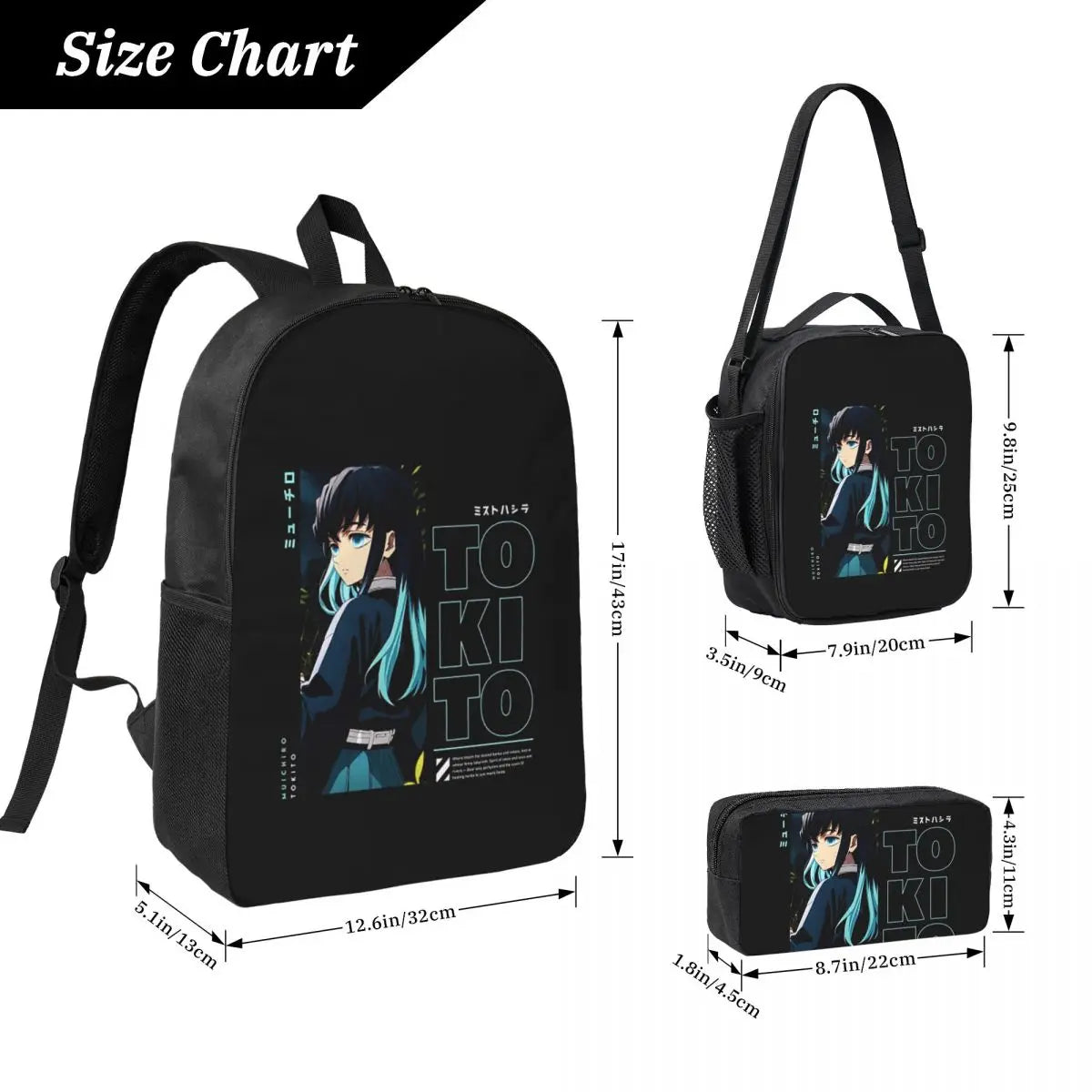 Muichiro Tokito Demon Slayer Backpack Boys Girls BookBag School Bag Laptop Shoulder Bags 3ps Insulated Lunch Bag Pencil Case
