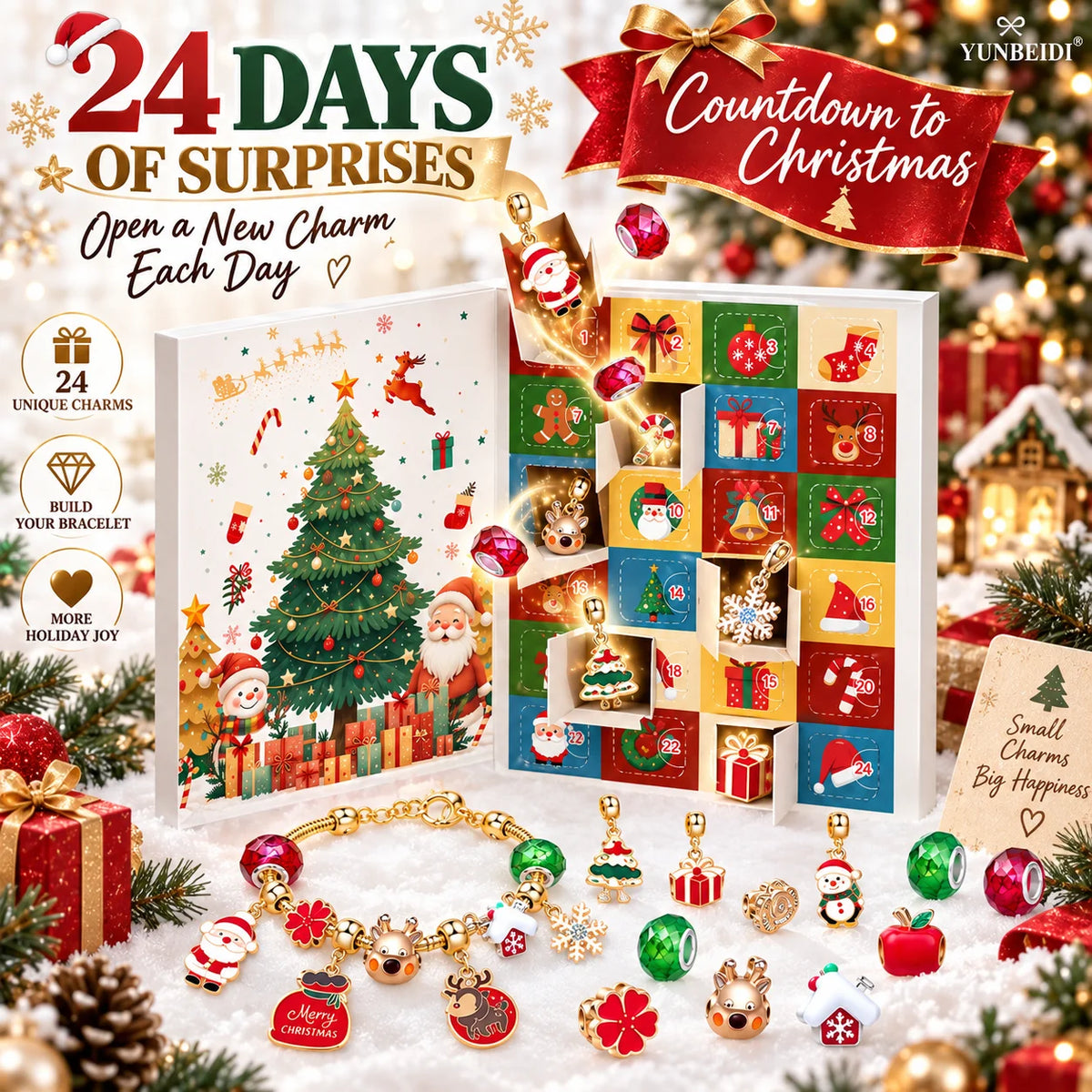 Christmas Advent Calendar 24 Grids Alloy Charm Bracelet Set Holiday Countdown Jewelry Beads Christmas New Year Surprise Gift Box