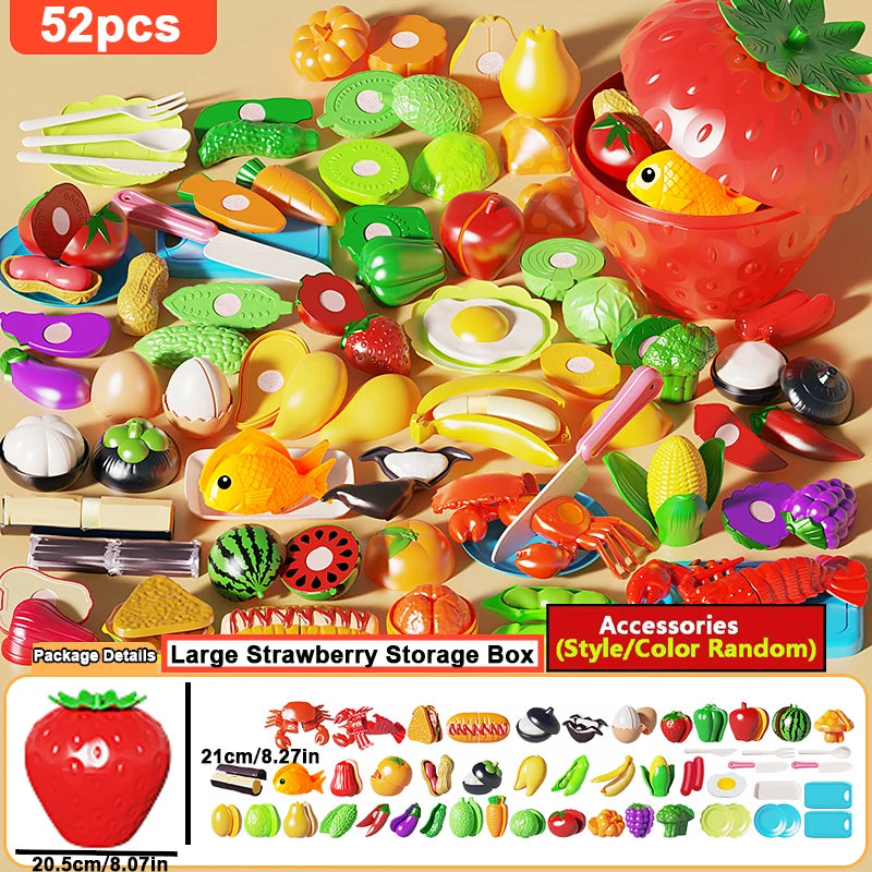 Kids Kitchen Pretend Toys Cutting Play Food Toy for Fruit Vegetables with Storage Box Early Educational Toy for Boys Girls Gifts