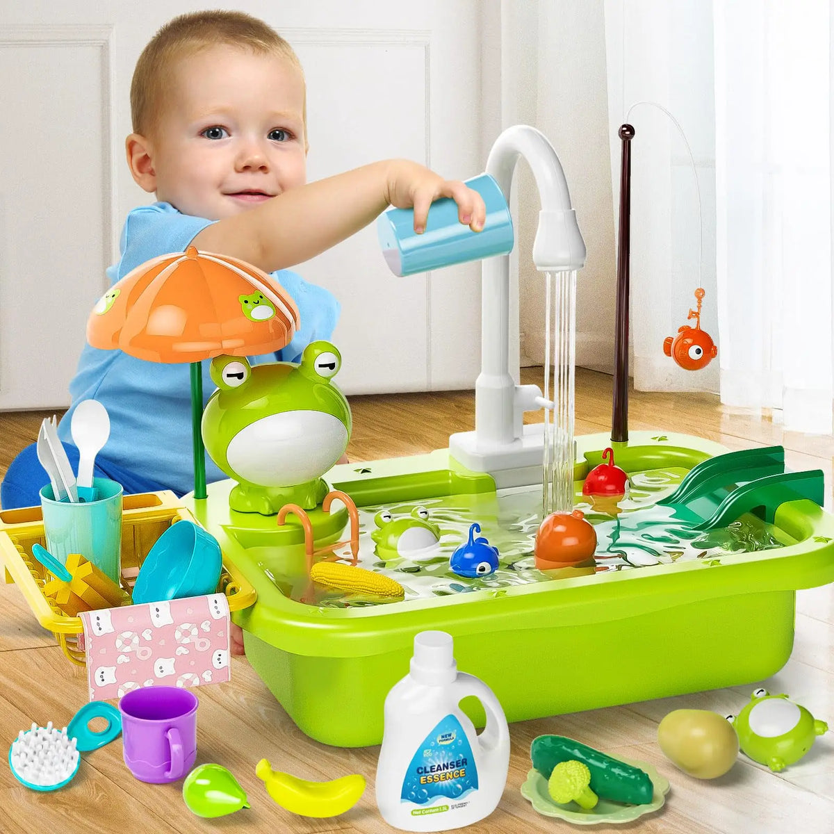 Kids Electric Kitchen Sink Toys with Running Water, Pretend Play Dishwasher & Fishing Toys, Educational Role Play Gift for Girls