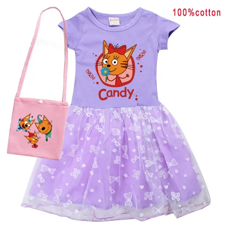 Kid-e-cats Clothes Kids Three Kitten Russian Cartoon Clothing Baby Girl Halloween Costume Dresses Children Princess Vestidos Bag
