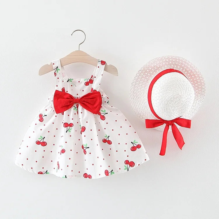Baby Girl Dress Summer Cotton Bow Cherry Polka Dot Suspender Girls Dresses Cute Casual Beach Baby Girl Clothing