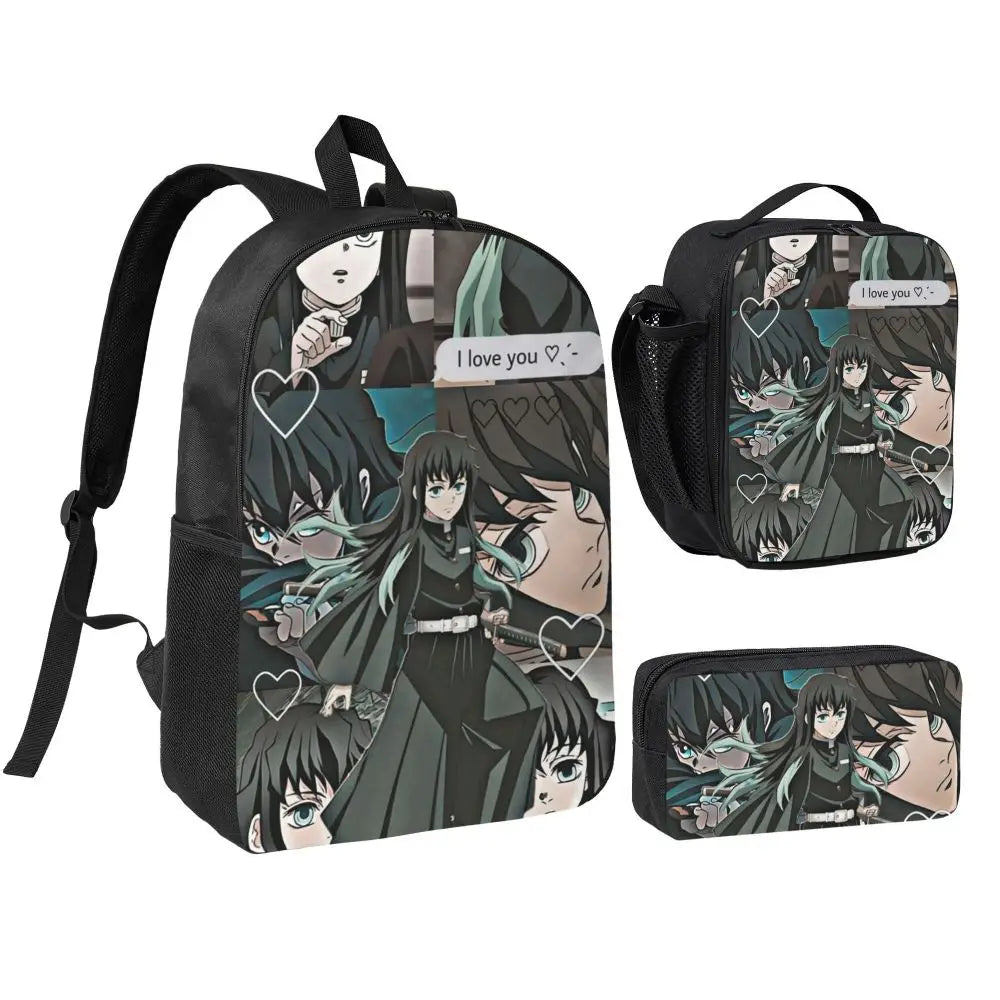 Muichiro Tokito Demon Slayer Backpack Boys Girls BookBag School Bag Laptop Shoulder Bags 3ps Insulated Lunch Bag Pencil Case