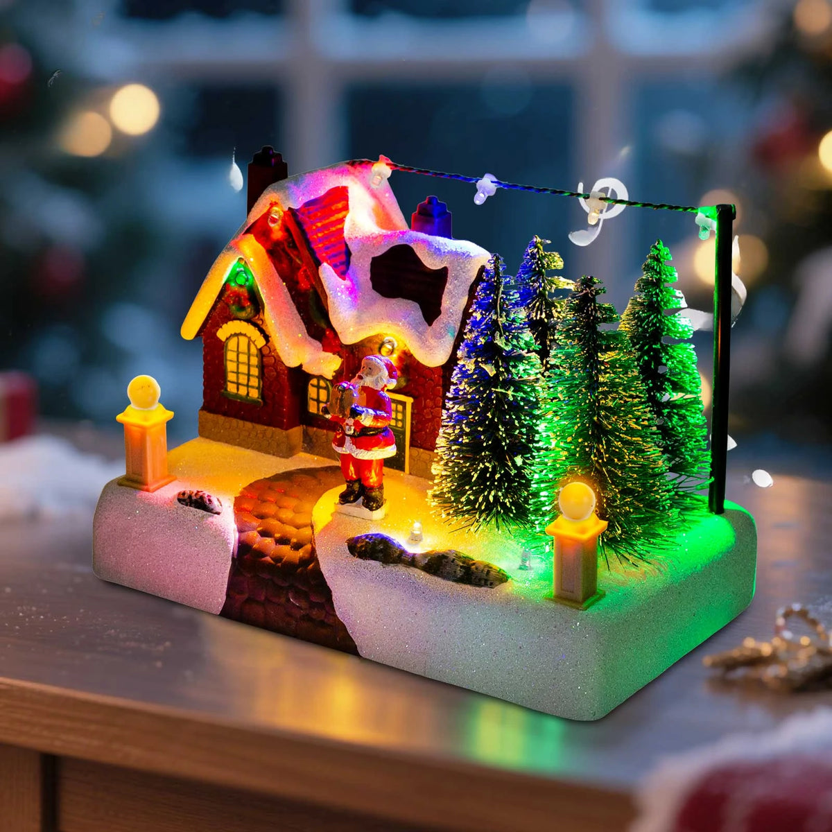 Christmas Village Scene Collectible Building with Lights Trees Santa Claus Snow Town Landscape Decor Holiday Home Desk Fireplace