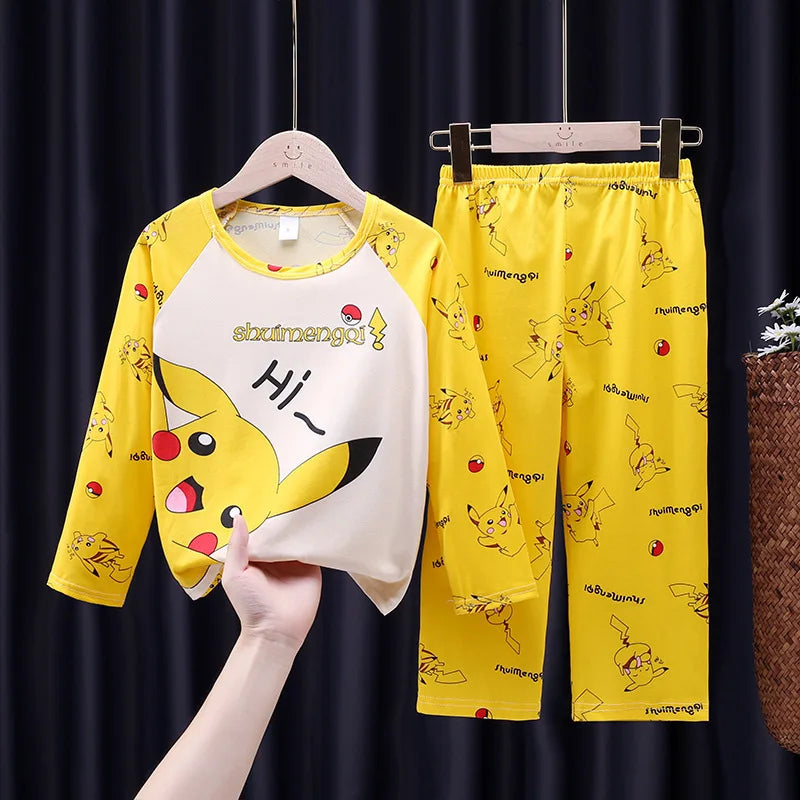 New Spring Children's Clothing Sets Pikachu Boy Sleepwear Long Sleeved 2Pcs Top+Pants Clothes Kids Pajamas Baby Girls Pyjamas