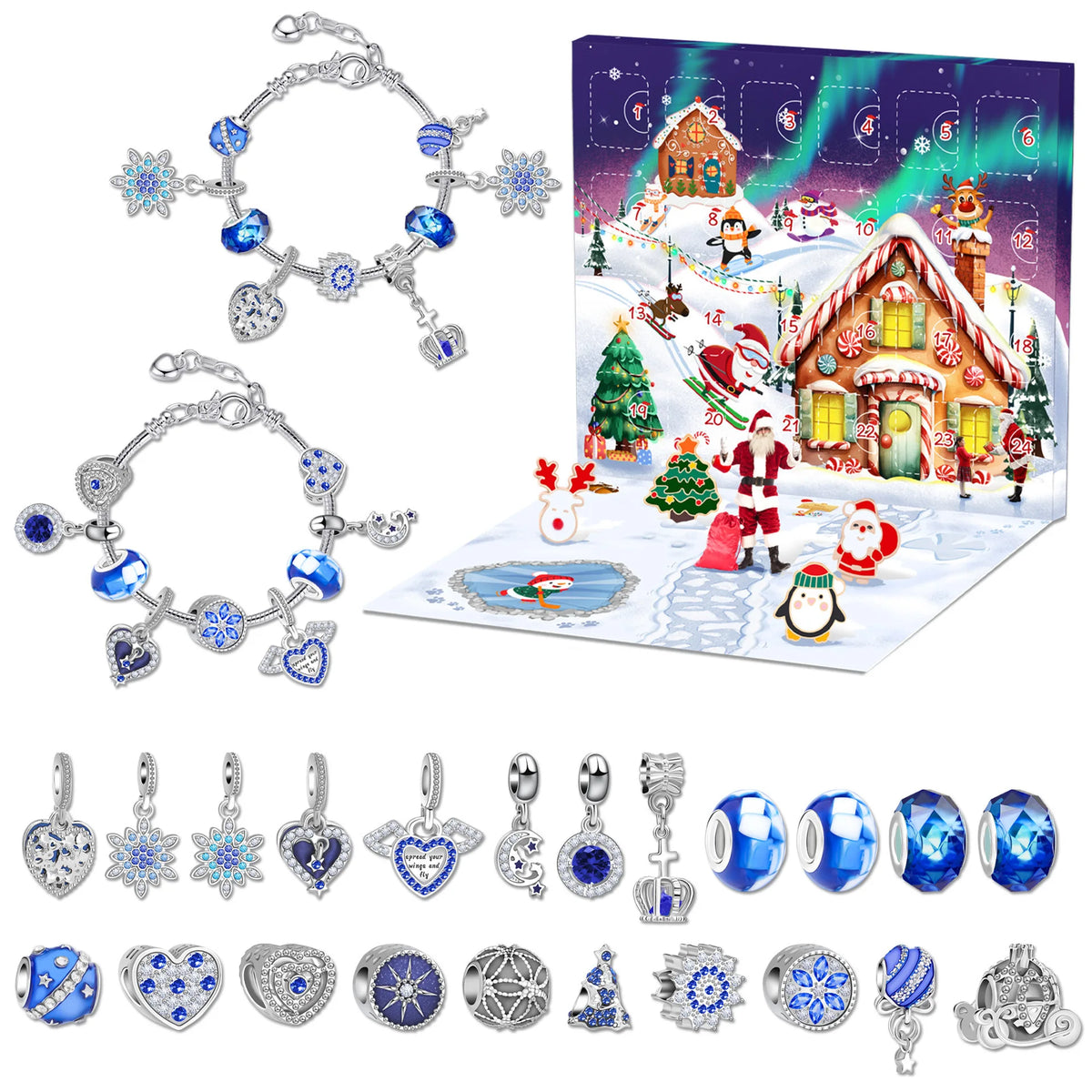 Christmas Advent Calendar 24 Grids Alloy Charm Bracelet Set Holiday Countdown Jewelry Beads Christmas New Year Surprise Gift Box