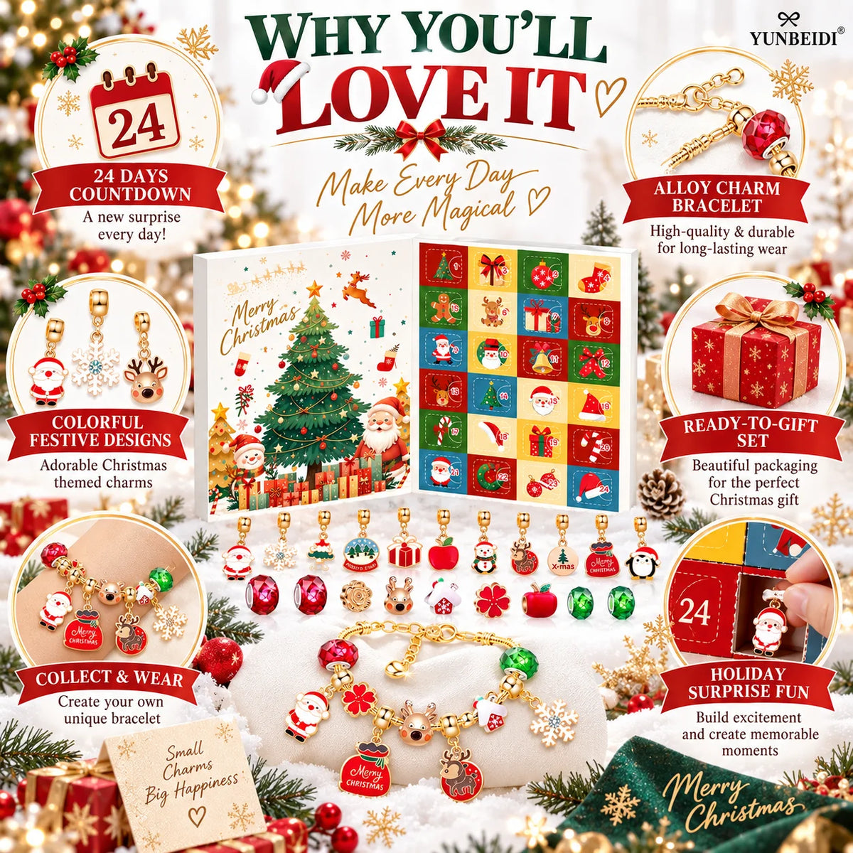 Christmas Advent Calendar 24 Grids Alloy Charm Bracelet Set Holiday Countdown Jewelry Beads Christmas New Year Surprise Gift Box