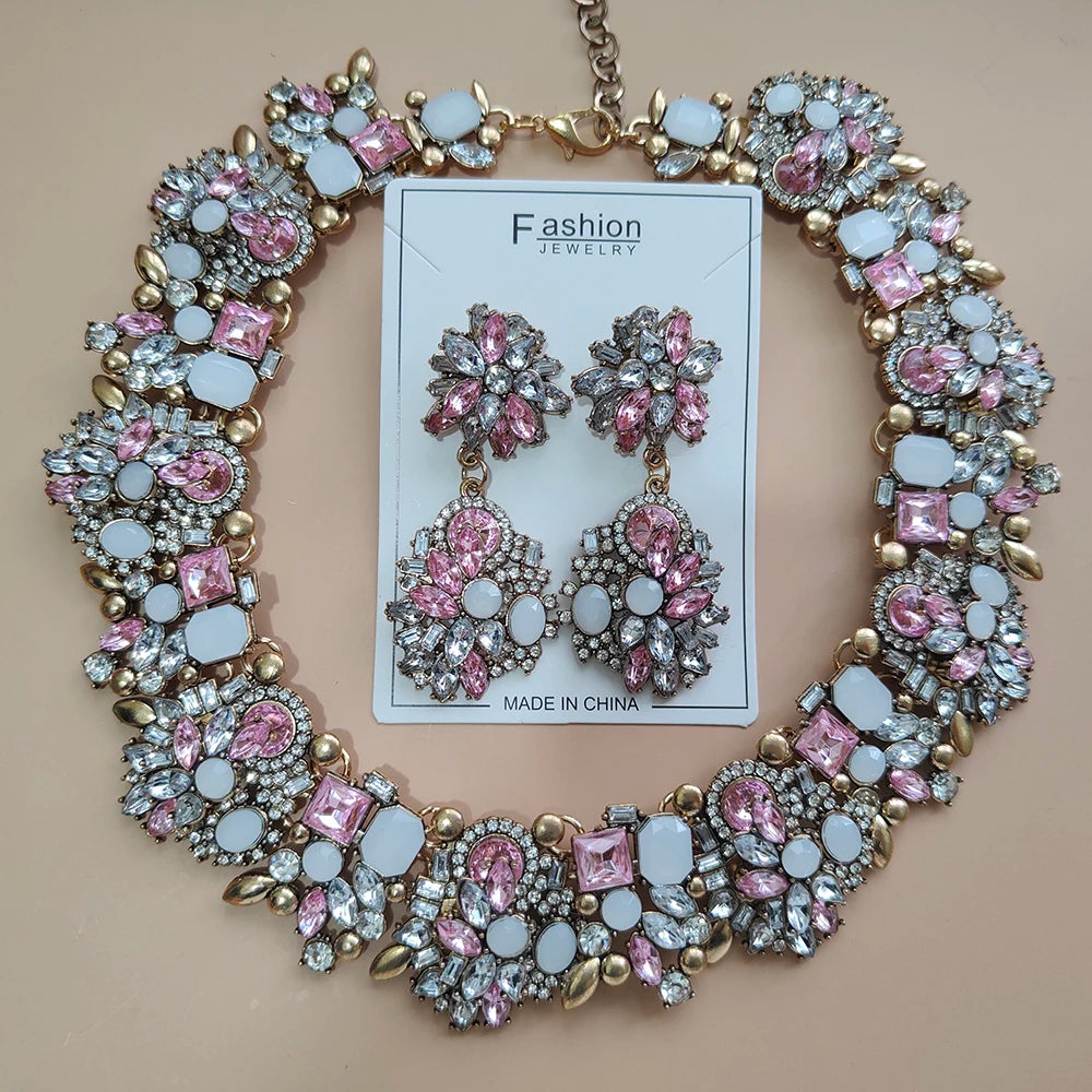 Elegant Jewellery Gifts for Her Women's Vintage Statement Earrings and Large Crystal Rhinestone Choker Necklace Jewelry Set