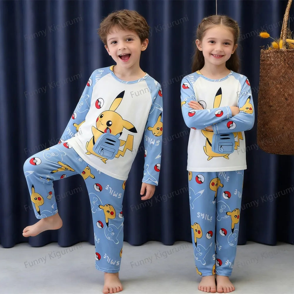 New Spring Children's Clothing Sets Pikachu Boy Sleepwear Long Sleeved 2Pcs Top+Pants Clothes Kids Pajamas Baby Girls Pyjamas