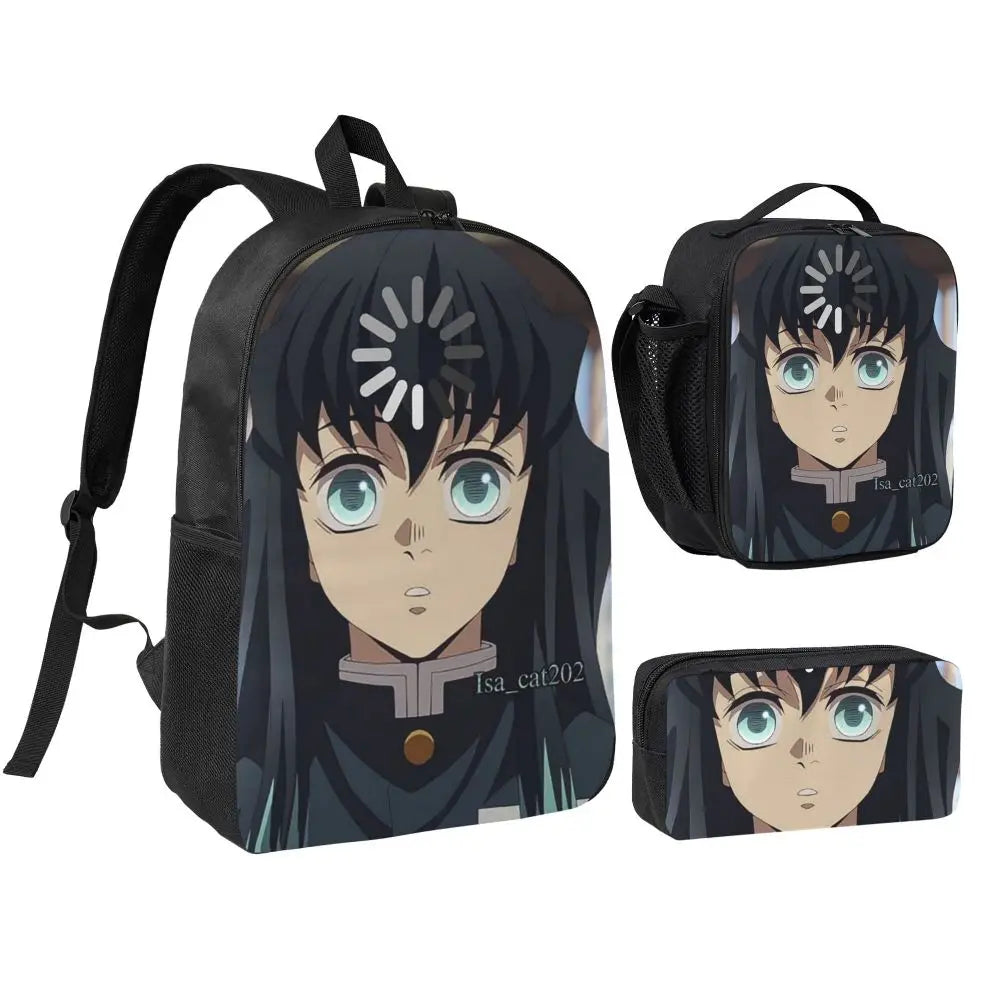 Muichiro Tokito Demon Slayer Backpack Boys Girls BookBag School Bag Laptop Shoulder Bags 3ps Insulated Lunch Bag Pencil Case