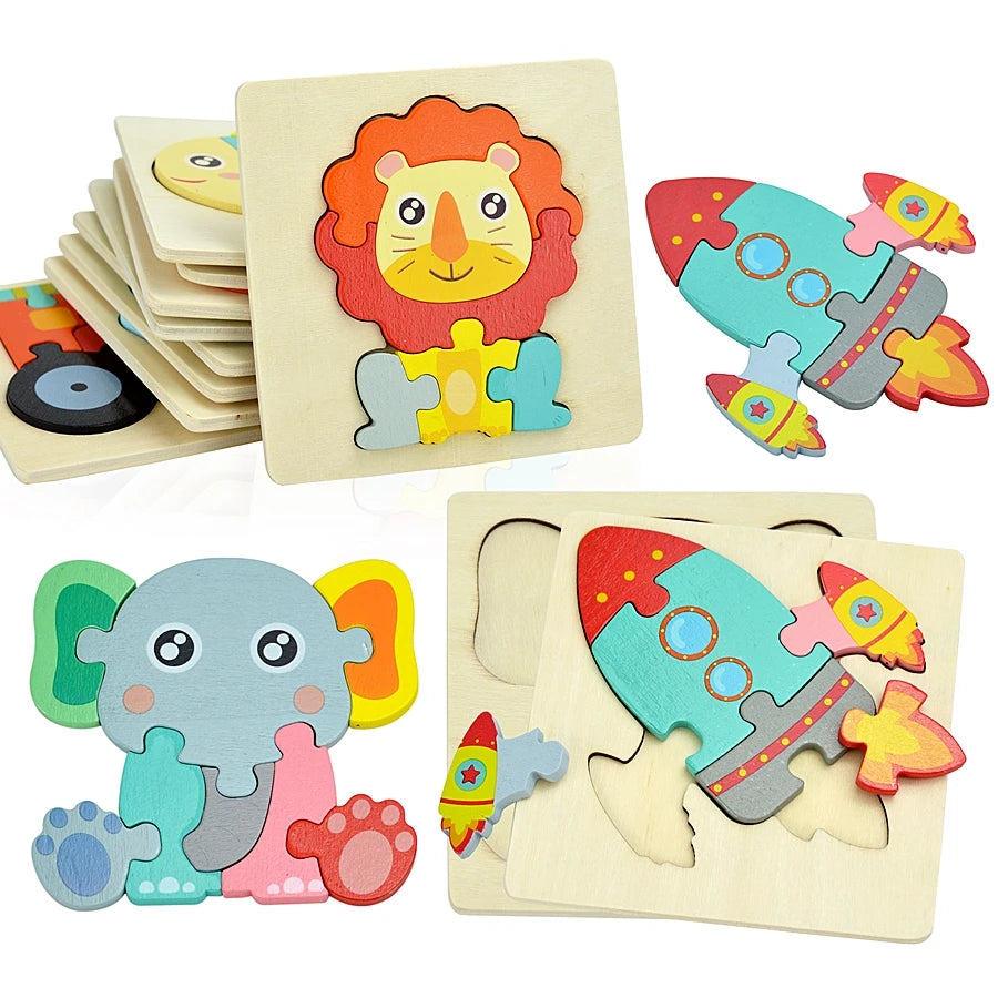 3D Puzzle Montessori Wooden Toys For Cartoon Animal Vehicle Wood Jigsaw Kids Baby Early Educational Learning Puzzles Bricks