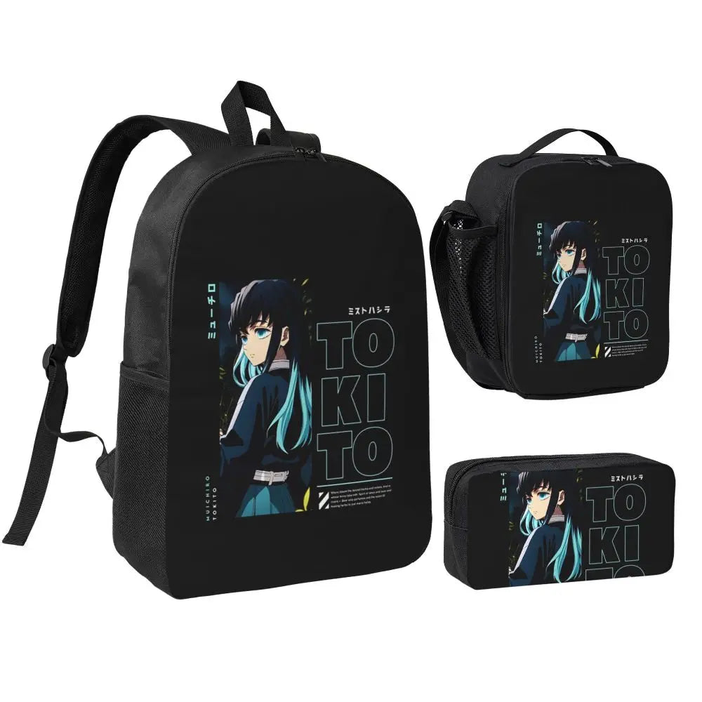 Muichiro Tokito Demon Slayer Backpack Boys Girls BookBag School Bag Laptop Shoulder Bags 3ps Insulated Lunch Bag Pencil Case