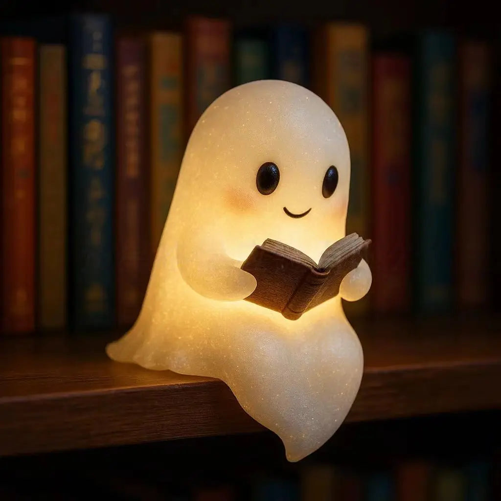 Cute Ghost Reading Book Night Light - Spooky Halloween Decor for Bedroom, Kids Room, Party Ornament, USB Rechargeable LED Lamp
