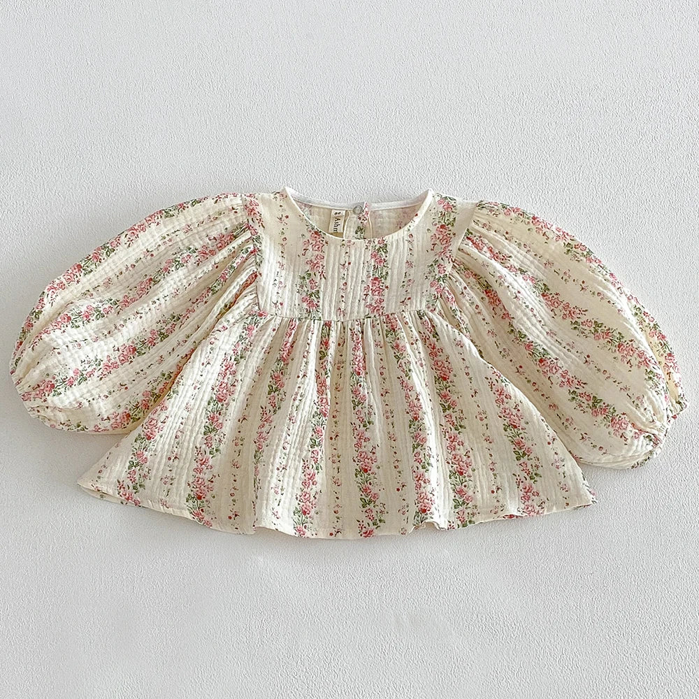 New Autumn Toddlers Girls Lace Embroidery Blouses Puff Sleeve Ruched Tops Baby Kids Floral Loose Shirts Fall Children Clothing