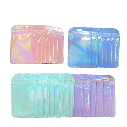 50pcs Holographic Zipper Small Jewelry Bag Pouch For Bead Earring Food Storage Small Business Entrepreneurship Packaging Display